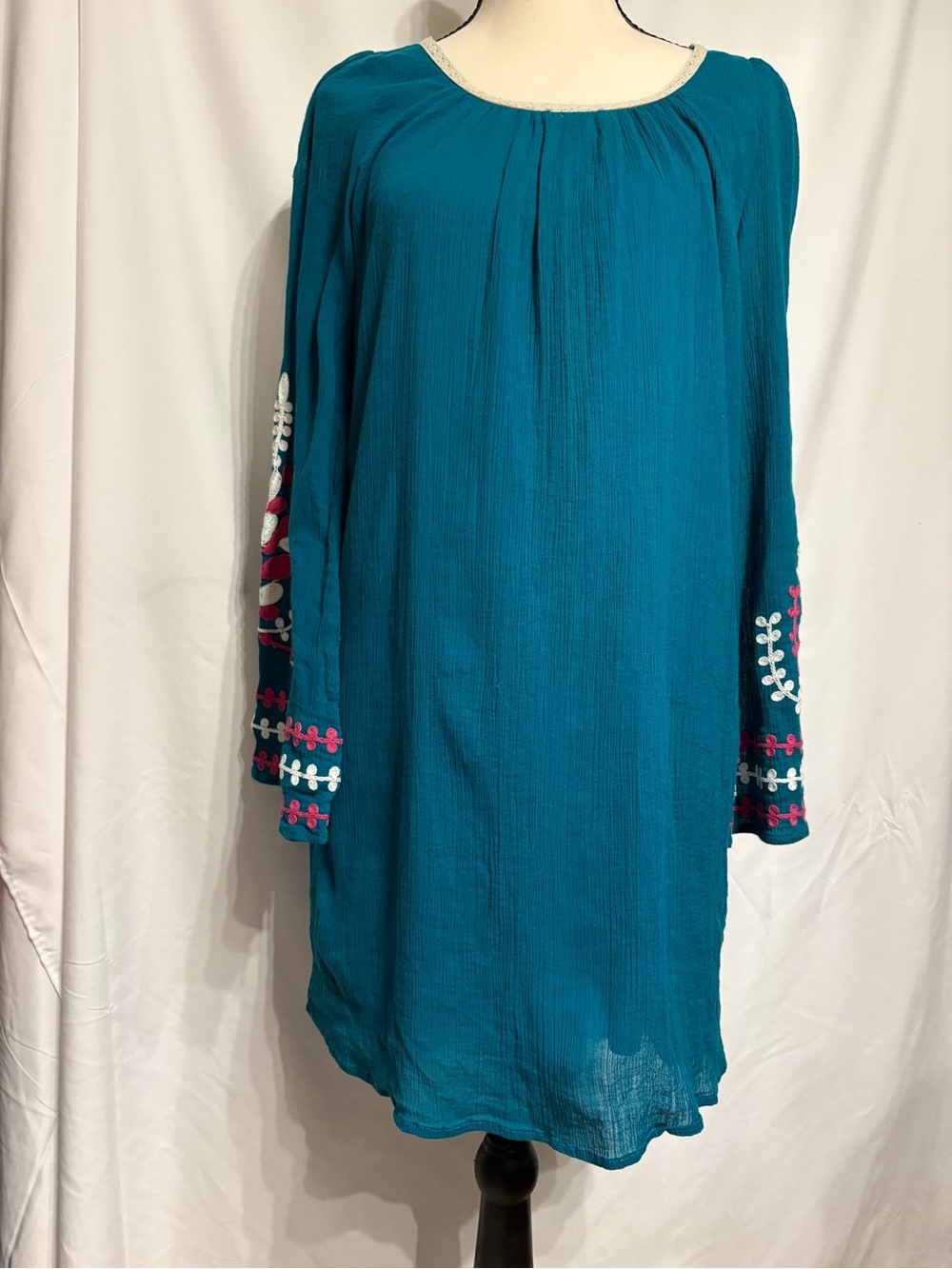 Umgee Teal Embroidered Long-Sleeve Women's Dress SZ S